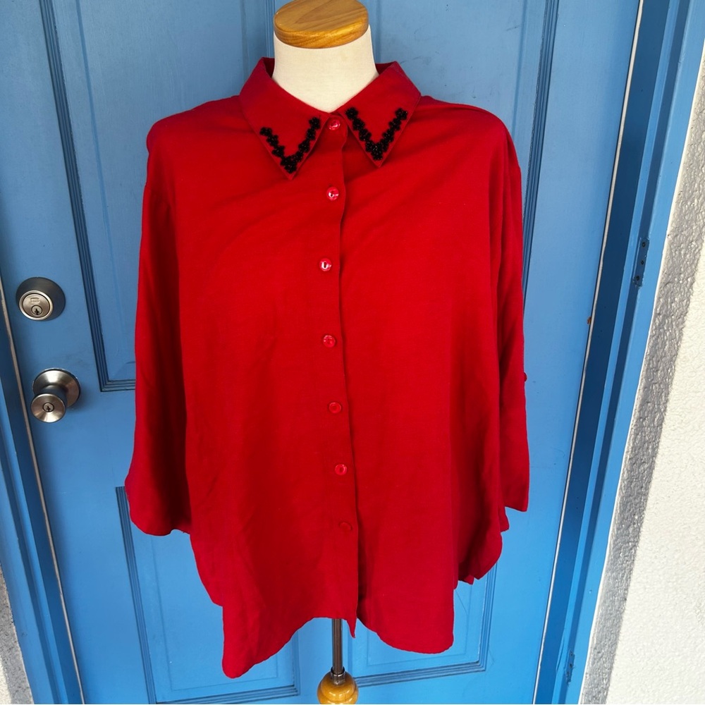 Kaktus Red Blouse Black & Red Embellished Bead Collar Size 3x Fun Funky
